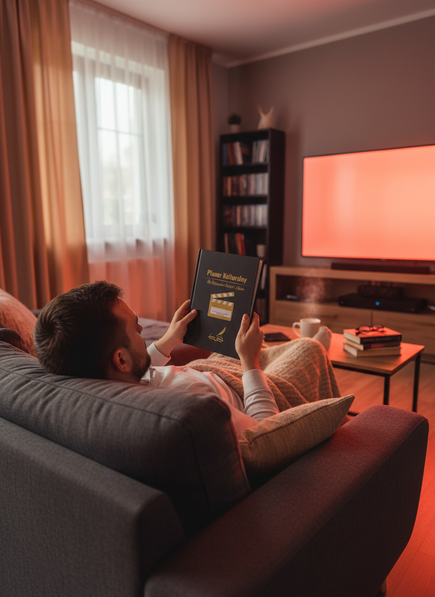 Planer w rękach kinomana na kanapie